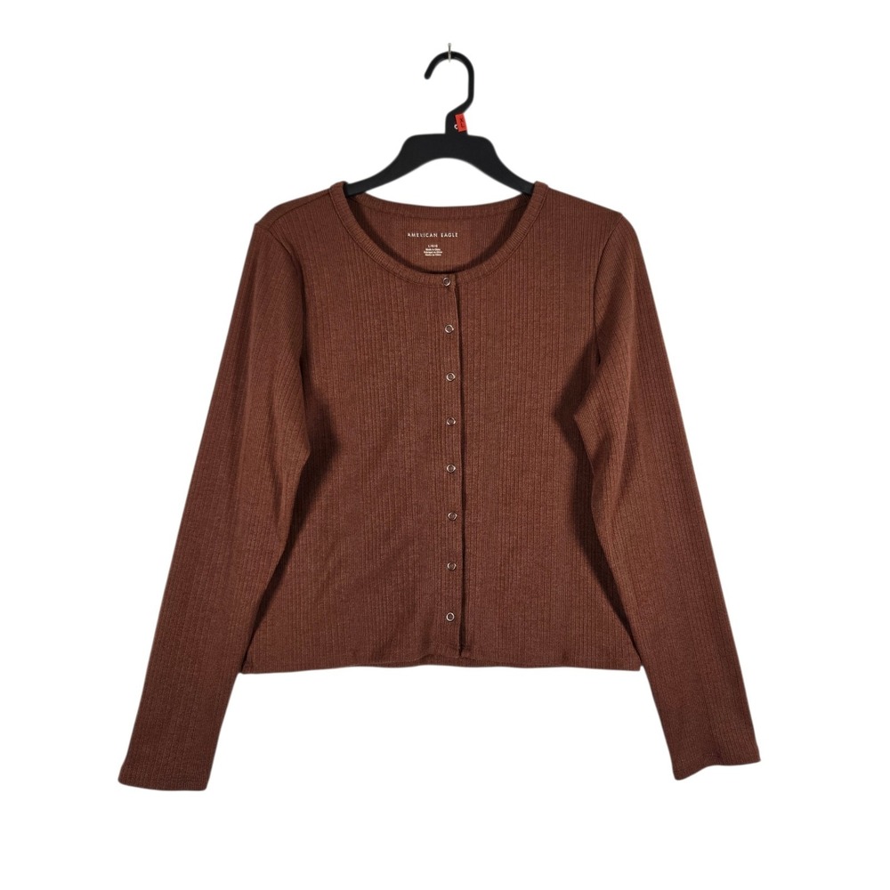 American‎ Eagle Ribbed Knit Top Womens Large Brown Snap Button Crop Long Sleeve